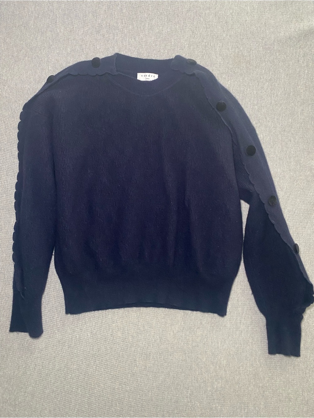 Sandro Paris Women's Ribbed Knit Sweater Navy Sleeve Side Button Shoulder